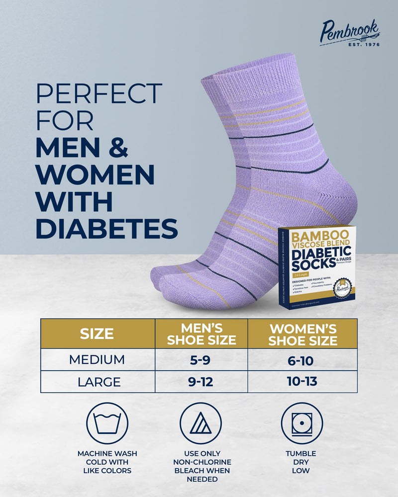 Pembrook Diabetic Socks for Women & Men - 4 Pairs Ankle Bamboo Viscose Socks Woman | Womens Diabetic Socks Size 9-11 Large Grey, Blue, Pink, Purple Stripes