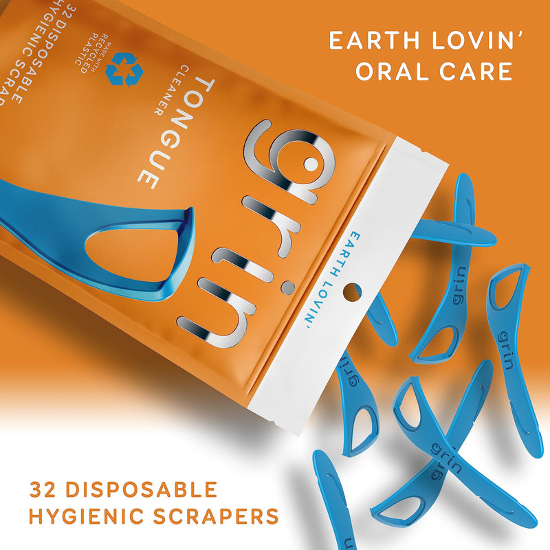 [Australia] - GRIN Tongue Cleaner, 32 Count, Disposable Tongue Cleaner, Hygienic Scraper, Recycled Plastic, Clean Tongue, Promote Fresh Breath, Includes Safe Fold- Back Tooth Pick 1 Pack 