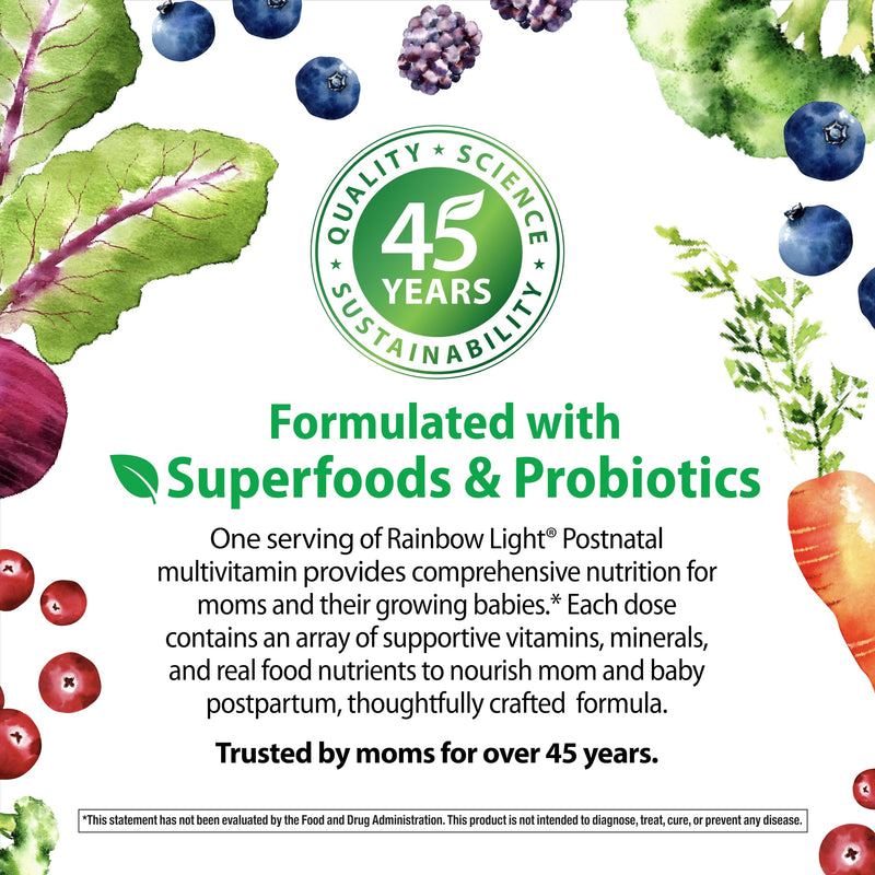 Rainbow Light Postnatal Multivitamin for Women | 120 Capsules | Supports Mom’s Health & Baby’s Development | with Vitamin C and Zinc | Superfoods Blend & Probiotics