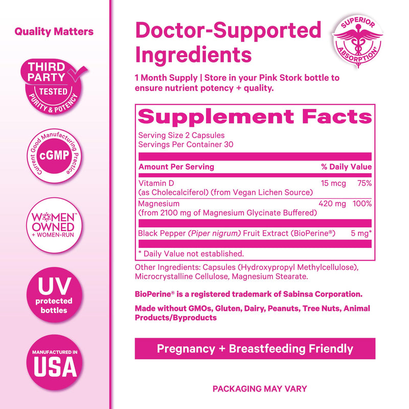Pink Stork Magnesium Glycinate with Vitamin D, 60 Capsules | Magnesium Supplement for Women, Supports Natural Calm, Mood, and Sleep, Hormone Balance for Women, 1 month supply Unflavored 60 Count (Pack of 1)