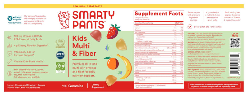 SmartyPants Kids Multivitamin Gummies and Fiber Supplement: Vitamin D3, C, Vitamin B12, B6, A, Zinc, Biotin, Inositol, Fiber Gummies, Three Fruit Flavors, 120 Count (30 Day Supply) 120 Count (Pack of 1) Fiber - 30 Day Supply
