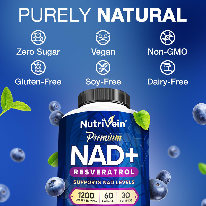 Nutrivein NAD+ Resveratrol Supplement 1200 mg - 60 Capsules, 30 Servings | Synergistic formula for men and women. Supports healthy aging, cognition, metabolism, and overall well-being. Non-GMO. Nad + Resveratrol
