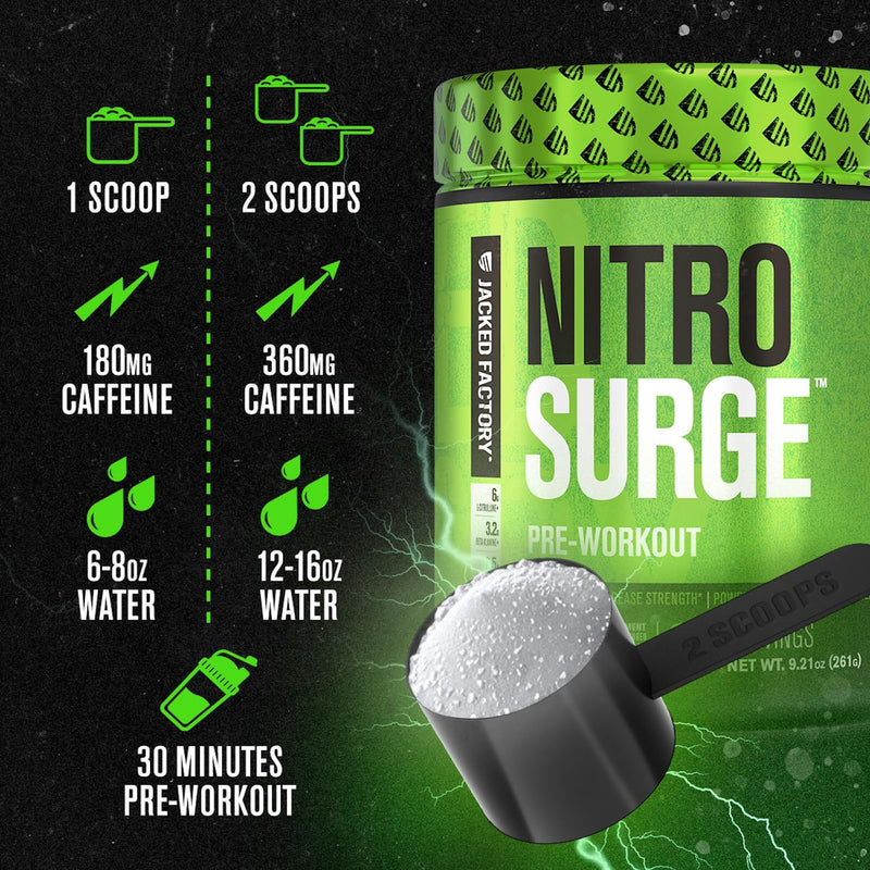 Nitrosurge Pre Workout Powder - 6g L-Citrulline, 3.2g Beta Alanine, 2.5g Betaine Anhydrous, 360mg Caffeine Anhydrous - 30 Servings, Blue Raspberry 261 Grams (Pack of 1)