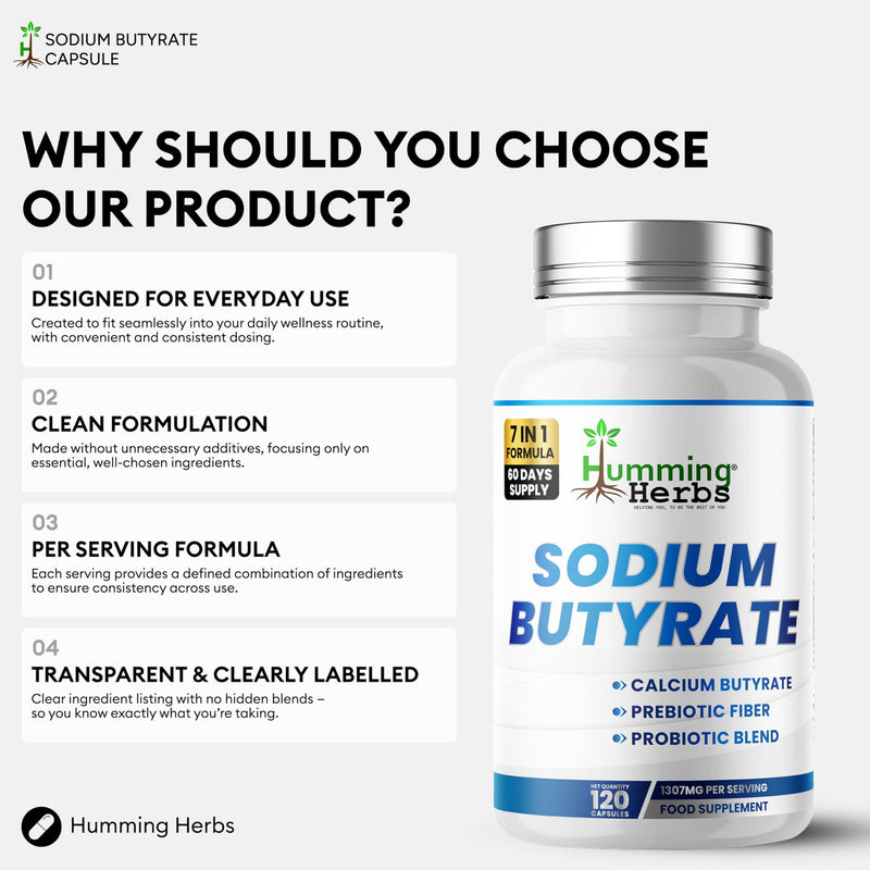 Humming Herbs Sodium Butyrate Supplement 120 caps with Calcium Butyrate, Inulin FOS, Zinc,Vitamin D3 and 10 Billion CFU Probiotics