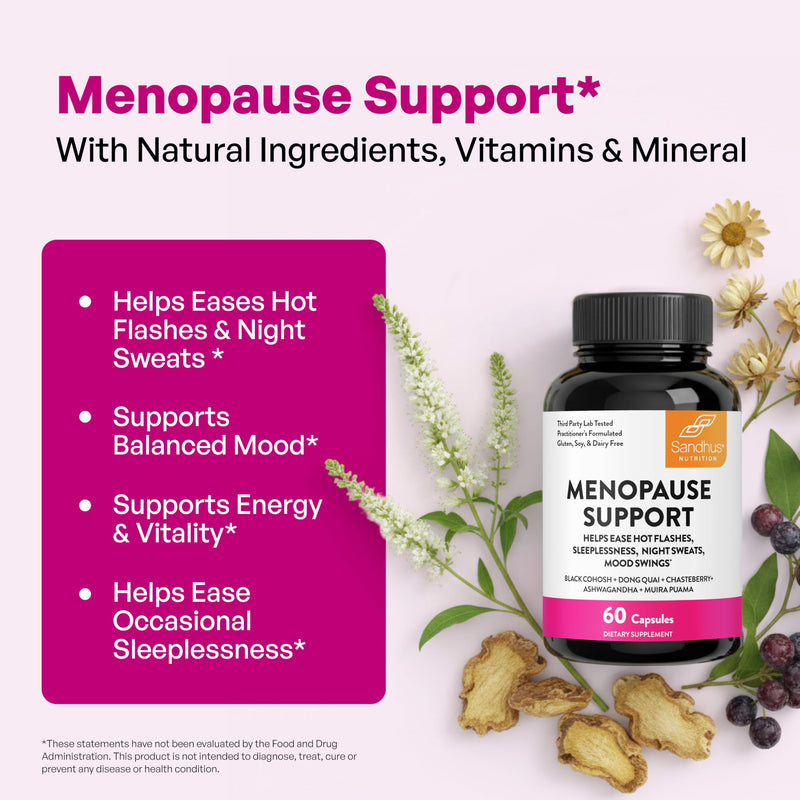 Menopause Support Supplements for Women, Black Cohosh Ashwagandha 60 Count | Vitamins D3, B6, B12, Magnesium, Dong Quai, Chaste Tree Berry, Gluten-Free Capsules, Made In USA Supplement By Sandhu's #1 Menopause Support 60 Count (Pack of 1)