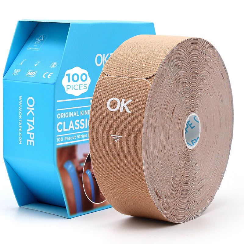 [Australia] - OK TAPE Kinesiology Tape Pre Cut Strips Bulk (100 PCS),Elastic Cotton Latex Free Hypoallergenic Athletic Tape Roll for Muscle Joint Knee,Waterproof k Tape 2in√ó10in/PCS Beige 100 PCS 