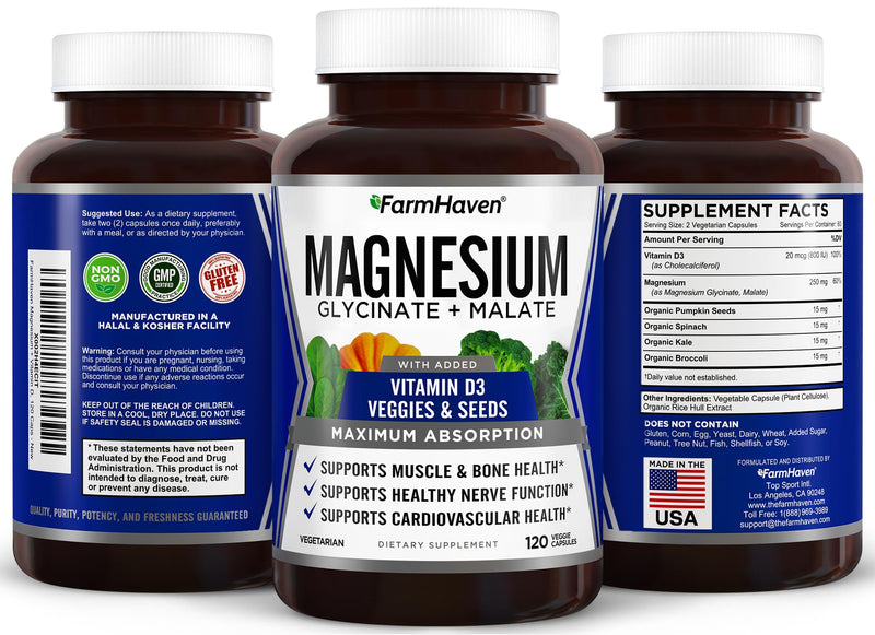[Australia] - FarmHaven Magnesium Glycinate & Malate Complex w/Vitamin D3, 100% Chelated for Max Absorption, Vegetarian – Bone Health, Nerves, Muscles, 120 Capsules, 60 Days 120 Count (Pack of 1) 