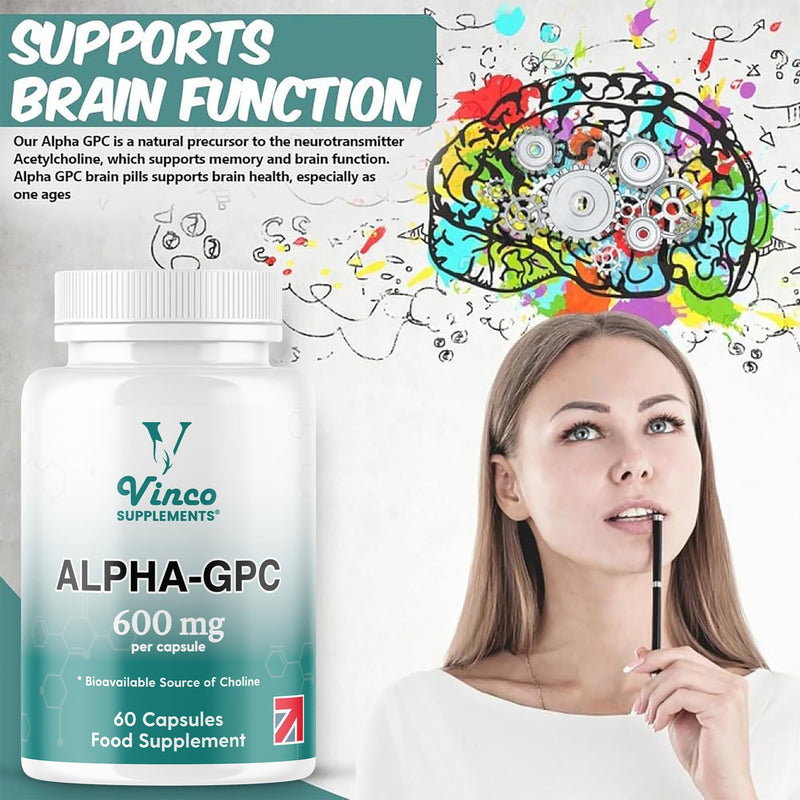 Vinco Alpha GPC 600mg in One Capsule - 60 Capsules = 60 True Servings - Pure Choline Supplement - Nootropic for Brain Support, Focus, Memory, Motivation & Energy - Alpha GPC Rich - Made in The UK
