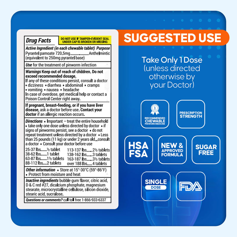 PIN RID Pinworm Medicine, 250mg Pyrantel Pamoate Chewable Tablets - Bubble Gum Flavor (24 Doses) - Prescription Strength Dewormer for Humans Adults & Kids Ages 2+ - Single-Dose Worm Treatment 24 Count (Pack of 1)