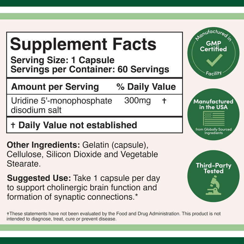Uridine Monophosphate - Third Party Tested (Choline Enhancer, Beginner Nootropic) (300mg, 60 Capsules) Synergy with Alpha GPC Choline for Brain Health and Memory by Double Wood (Pack of 2) 60 Count (Pack of 2)
