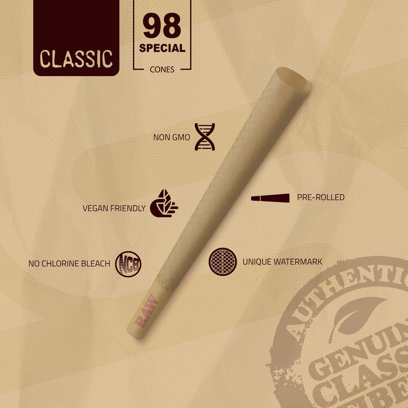 [Australia] - RAW Cones Classic 98 Special | 50 Pack | Natural Pre Rolled Rolling Paper with Tips & Packing Tubes Included 
