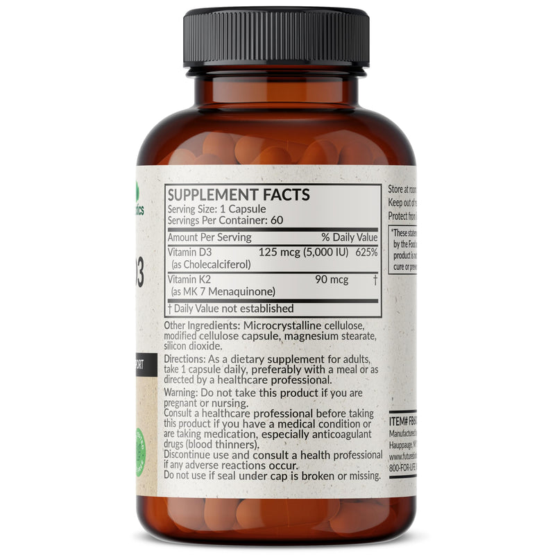 Futurebiotics Vitamin K2 MK-7 90 mcg + D3 5000 IU, 60 Vegetarian Capsules | 2-in-1 Bone, Immune & Heart Health Support, Helps Transport Calcium to Bones, Non-GMO, Gluten-Free & Soy-Free 60 Count (Pack of 1)