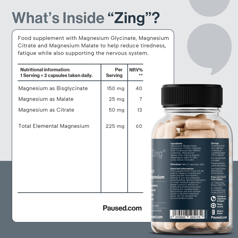Paused Magnesium 3-in-1 Complex – 225mg Elemental Magnesium from Glycinate, Citrate & Malate – 60 Vegan Capsules – Magnesium for Energy, Muscles & Nervous System – Made in UK