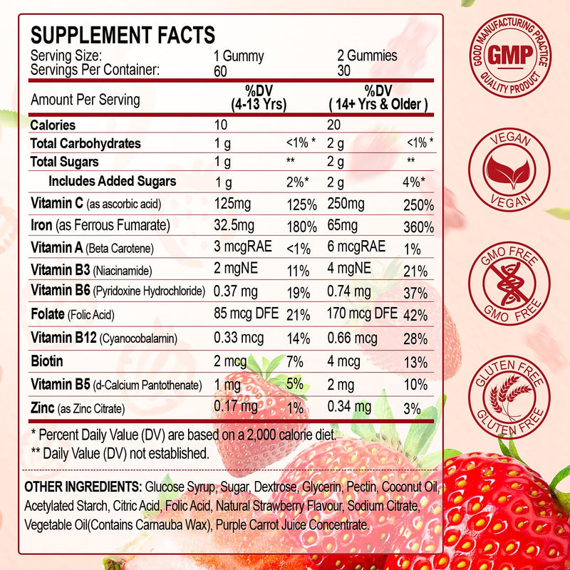 [Australia] - Iron Supplement Gummies, 65mg Iron and 250mg Vitamin C for Women Men Kids, Natural Vegan Iron Gummy with Vitamin A, B-Complex, Biotin, Zinc & Folate Energy Support & Immune Health, 60 Gummies Strawberry 60 Count (Pack of 1) 