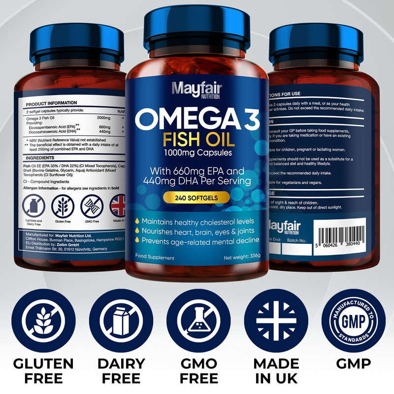 Omega 3 1000mg Capsules - 240 Fish Oil Tablets with 660mg EPA & 440mg DHA per Daily Serving - Supports Heart, Vision, & Brain Health - 4 Months Supply - Made in UK…