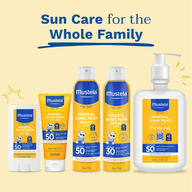 Mustela Baby Mineral Sunscreen Lotion SPF 50 Broad Spectrum - Face & Body Sun Lotion for Sensitive Skin - Water Resistant & Fragrance Free - Regular & Family Size 3.38 Fl Oz (Pack of 1)