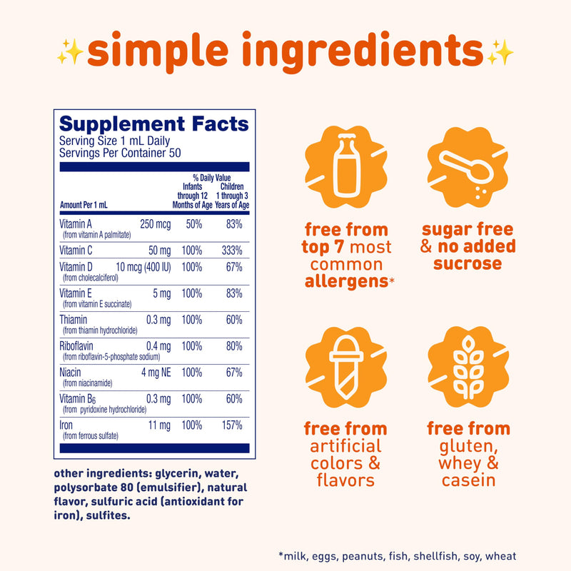 Enfamil Baby Vitamins Enfamil Poly-Vi-Sol 8 Multi-Vitamins & Iron Supplement Drops for Infants & Toddlers, Supports Growth & Development, 50 mL Dropper Bottle 1.69 Fl Oz (Pack of 1)