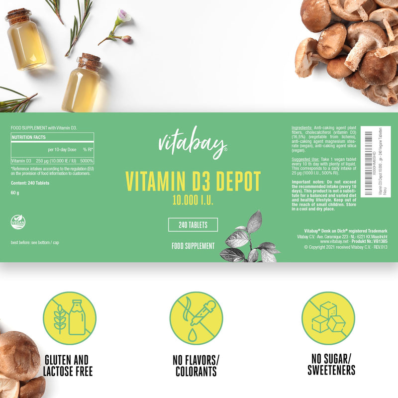 Vitabay – Vitamin D3 Depot 10000 I.E. – 240 Vegane Tabletten – Hochdosiert – Vitamin D3 Tabletten & Kapseln – VIT D – Vitamin D 10000