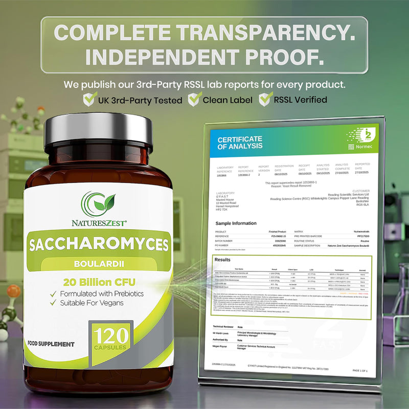 Saccharomyces Boulardii 20 Billion CFU - 120 Capsules | High Strength Prebiotics and Probiotics for Women & Men | Digestion Supplement with Natural Postbiotic Benefits | Vegan | 4 Months Supply