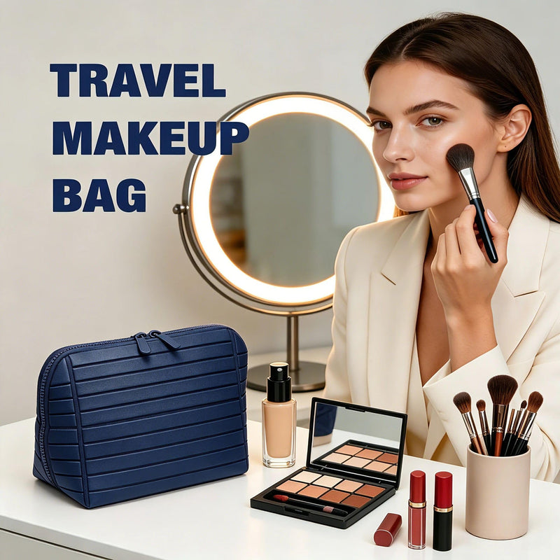 Foldable Travel Makeup Bag,27 Pockets 3 Brush Slots,Large Capacity Cosmetic Bags Toiletry Case Navy Blue