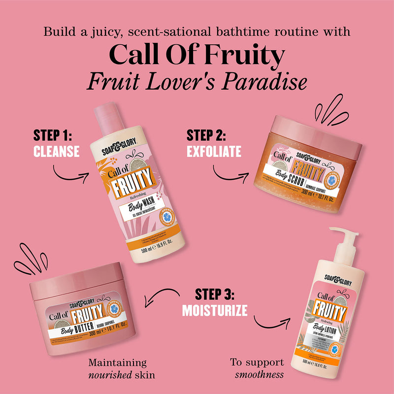 Soap & Glory Call of Fruity Vegan Body Lotion & Cream Moisturizer, 500 ml | Hydrates, Smooths & Restores Dry Skin, Vitamin E, Coconut Oil & Aloe Extracts, Tropical Fruit Scent