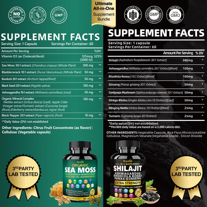 [Australia] - Sea Moss and Shilajit Bundle-Sea Moss 300mg,Black Seed Oil 100mg,Ashwagandha 50mg,Ginger & Shilajit 300mg,Rhodiola Rosea 100mg,Panax Ginseng 50mg,All in 1 Supplements-USA Made(2 Pack) 60 Count (Pack of 2) Sea Moss Shilajit 