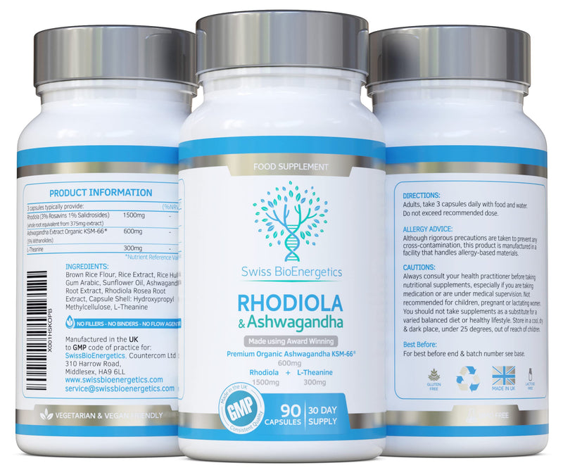 Rhodiola & Ashwagandha with L-Theanine - Award Winning Ashwagandha KSM-66 600mg & 1500mg Rhodiola - Whole Root Equivalent- adaptogen Combo- No Artificial fillers- UK Made