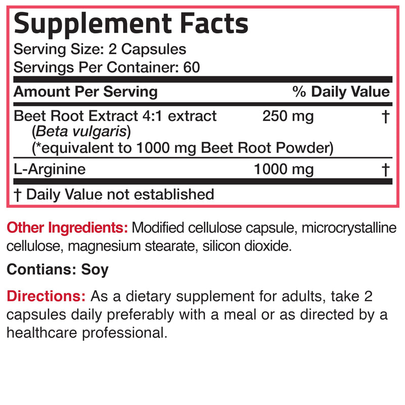 [Australia] - Bronson Beet Root + L-Arginine 2000 MG Nitric Oxide Production- Non-GMO, 120 Vegetarian Capsules 120 Count (Pack of 1) 