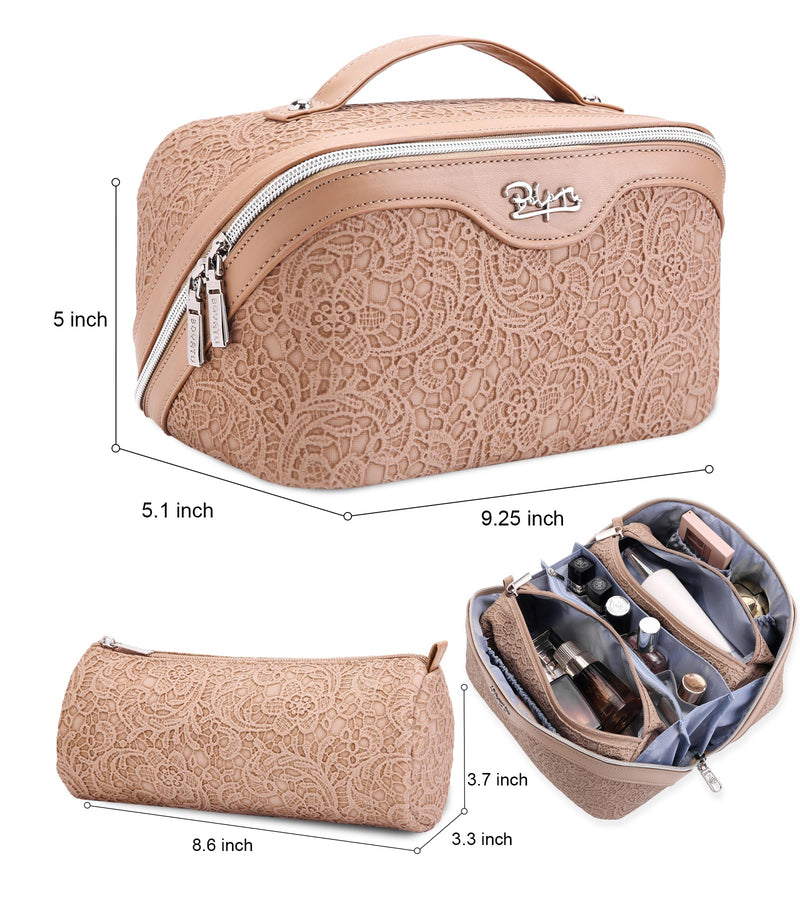 BOYATU Travel Makeup Bags Cosmetic Organizer Bag: 3-Set Large Capacity Make up Bag - PU Leather Toiletry Bags for Women - Wide Open Portable Pouch with Divider & Handle (A-Tan) A-Tan