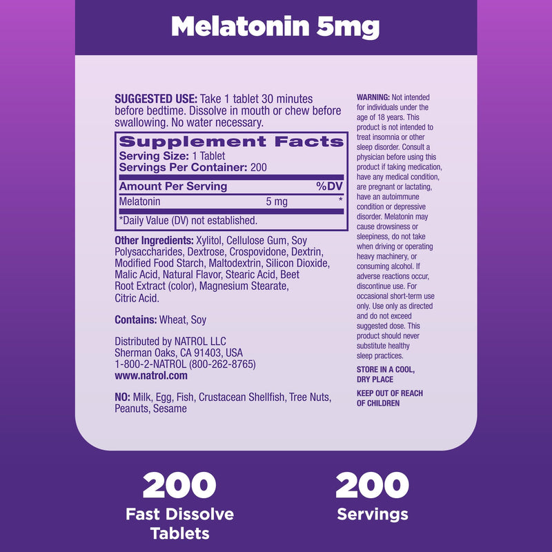 Natrol Sleep Melatonin 5mg Fast Dissolve Tablets, Nighttime Sleep Aid for Adults, 200 Strawberry-Flavored Melatonin Tablets, 200 Day Supply 200 Count (Pack of 1)