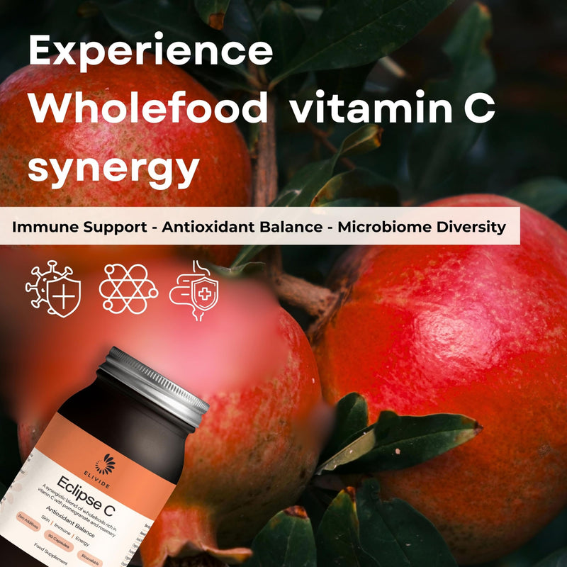 Eclipse Wholefood Vitamin C | with Wholefruit Pomegranate | 100% Additive Free | Natural & Rich in Bioflavanoids | 90 Capsules | UK Made | Immune & Skin Support | Glass Jar
