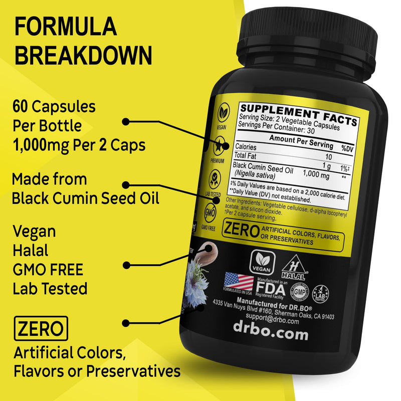 [Australia] - Black Seed Oil Capsules Vegan - Pure Cold Pressed Black Seed Oil Nigella Sativa for Skin & Hair Health, 500mg Each, 1000mg Per 2 Capsule Serving Black Cumin Seed Oil Capsules Halal - 60 Softgels Pills 