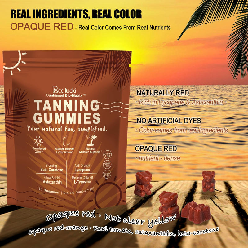 Tanning Gummies with 100.2mg L-Tyrosine and Astaxanthin, Tanning Supplement with Beta Carotene and Lycopene, Vegan and Sugar Free, Watermelon Flavour, 60 Count, 1 Pack