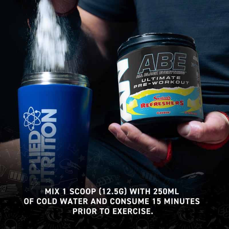 Applied Nutrition Bundle ABE Pre Workout 375g + 750ml Steel Protein Shaker | All Black Everything Pre Workout Powder, Energy & Physical Performance, Creatine, Beta Alanine (ICY Blue Raz) ICY Blue Raz
