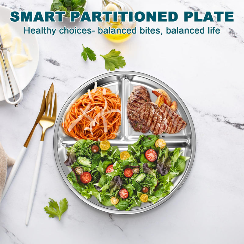 [Australia] - EWFEN Stainless Steel Toddler Plate Set of 6, 9" Portion Control Plates Divided Plate for Adults Kids Balance Lunch, Non Slip | Unbreakable Toddler Baby Feeding Set Dishwasher Safe 