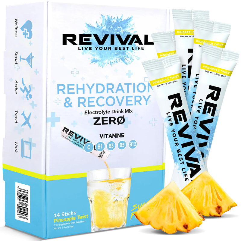 Revival Zero Rehydration Electrolytes Powder - Sugar Free Hydration Sachet Drink with Vitamins C, B1, B3, B5, B12-14 Pack Pineapple Twist 14 Servings (Pack of 1)