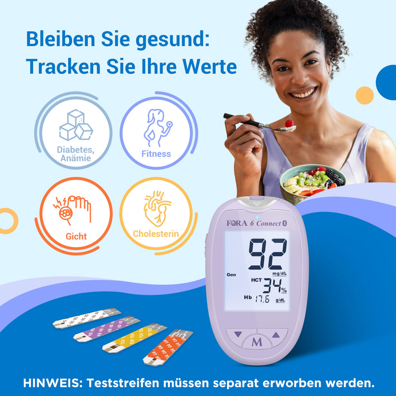 [Australia] - FORA 6 Connect (without test strips) | All-in-one health measuring device for the family | Blood Sugar, Ketone, Cholesterol, Uric Acid, Hemoglobin, Hematocrit Test | Bluetooth E-Diary | Lavender purple 