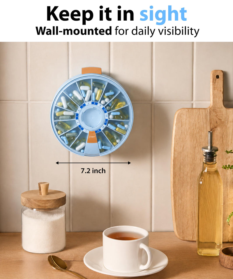 Pill Dispenser 14 Day – Rotating Medicine Organizer Wheel with Push Button, Wall Mounted or Desktop Manual Pill Dispenser for Elderly & Seniors, Large Capacity Vitamin & Medication Organizer Blue
