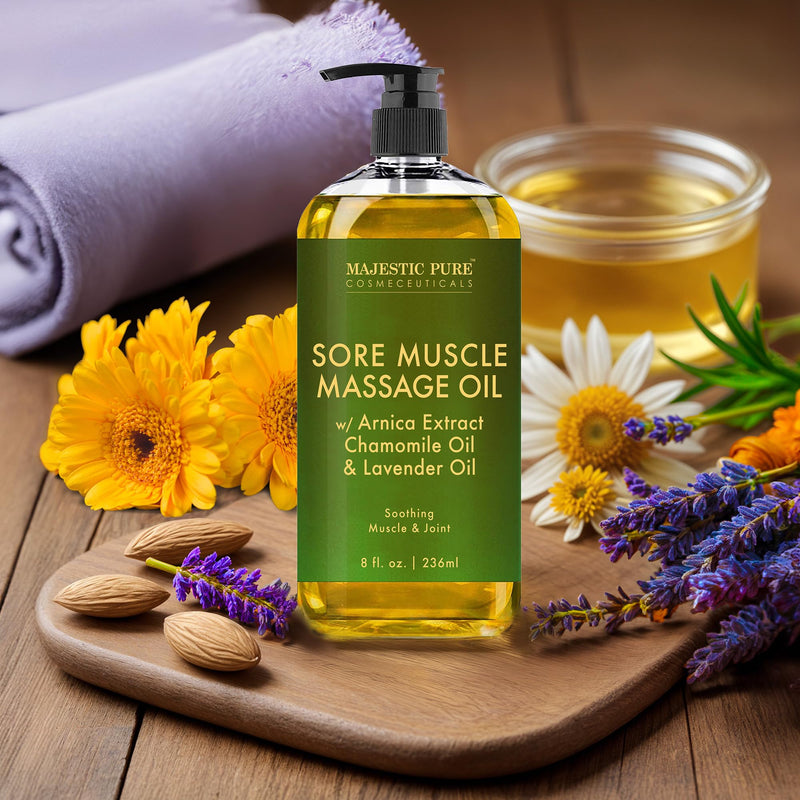 [Australia] - MAJESTIC PURE Arnica Sore Muscle Massage Oil for Massage Therapy - Natural Oil with Lavender and Chamomile Essential Oils - Multipurpose Instant Absorption Full Body Massage Oil - 8 fl. oz 