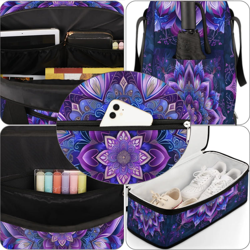 Travel Duffle Bags With Shoes Compartment for Women Men Purple Mandala Lightweigh Sports Tote Gym Bag Boho Flower Foldable Canvas Weekender Overnight Carry On Luggage Handle Bag B03:Purple Mandala