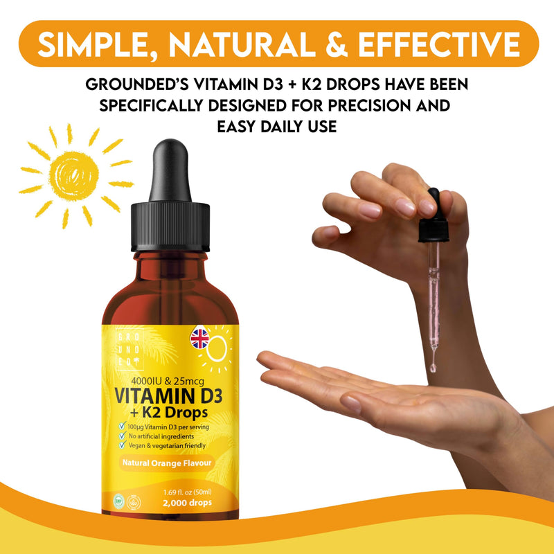 Grounded Vitamin D3 + K2 Liquid Drops 50ml | High Strength 4,000iu D3 with 25mcg K2 Formula | Natural Orange Flavour with 2000 Drops per Bottle | for Bones, Muscle & Immune Function | UK Made
