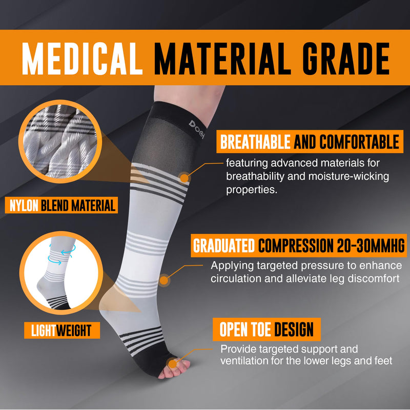 Doc Miller Premium Open Toe Compression Socks Dress Series 1 Pair 20-30mmHg, Toeless Compression Socks Women Open Toe Blackgraywhite Large