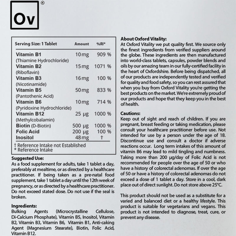 Oxford Vitality Vitamin B Complex Tablets | Full Spectrum One a Day B Vitamin Supplement with B1 B2 B3 B5 B6 B12 Biotin Inositol and Folic Acid | Pack of 120 120 Count (Pack of 1)