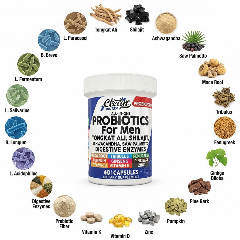 Clean Nutra Probiotics for Men | Tongkat Ali, Saw Palmetto, Tribulus, Ginseng, Ashwagandha, Maca, Pumpkin, Gingko Biloba, Pine Bark, Fenugreek, Shilajit, Zinc - Mens Probiotic 60 Capsules 1