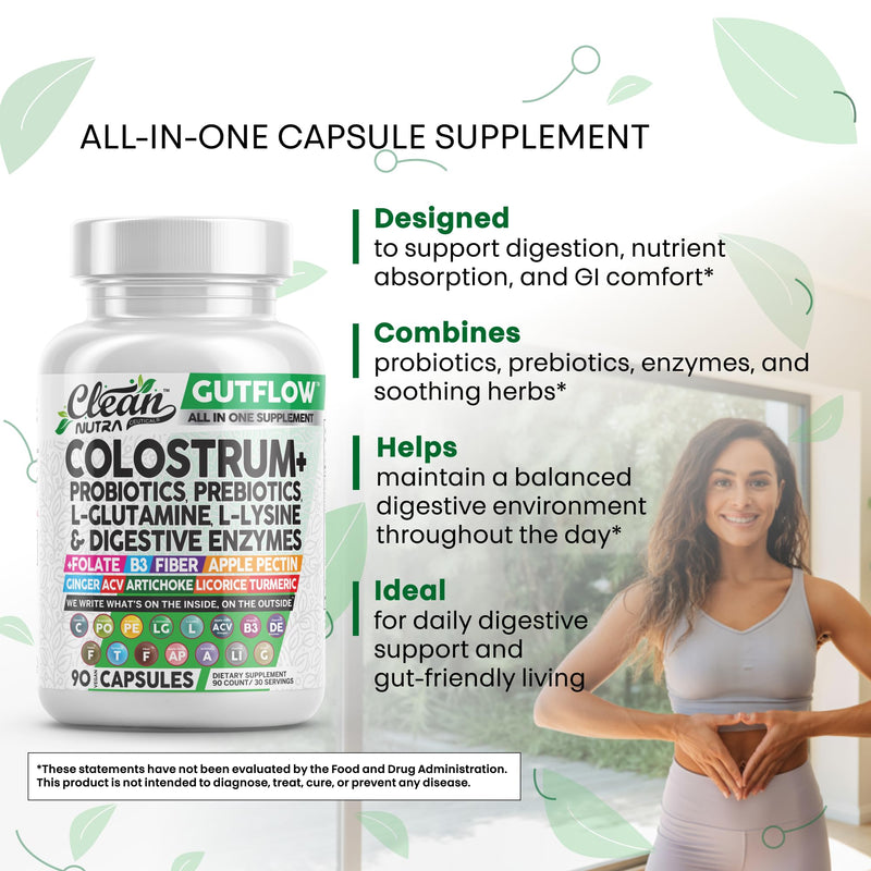 [Australia] - Clean Nutraceuticals Colostrum Supplement Capsules Probiotics Pills Prebiotics, L-Glutamine, Digestive Enzymes, Folate, Fiber, ACV, Turmeric, Apple Pectin and Turmeric Pills 