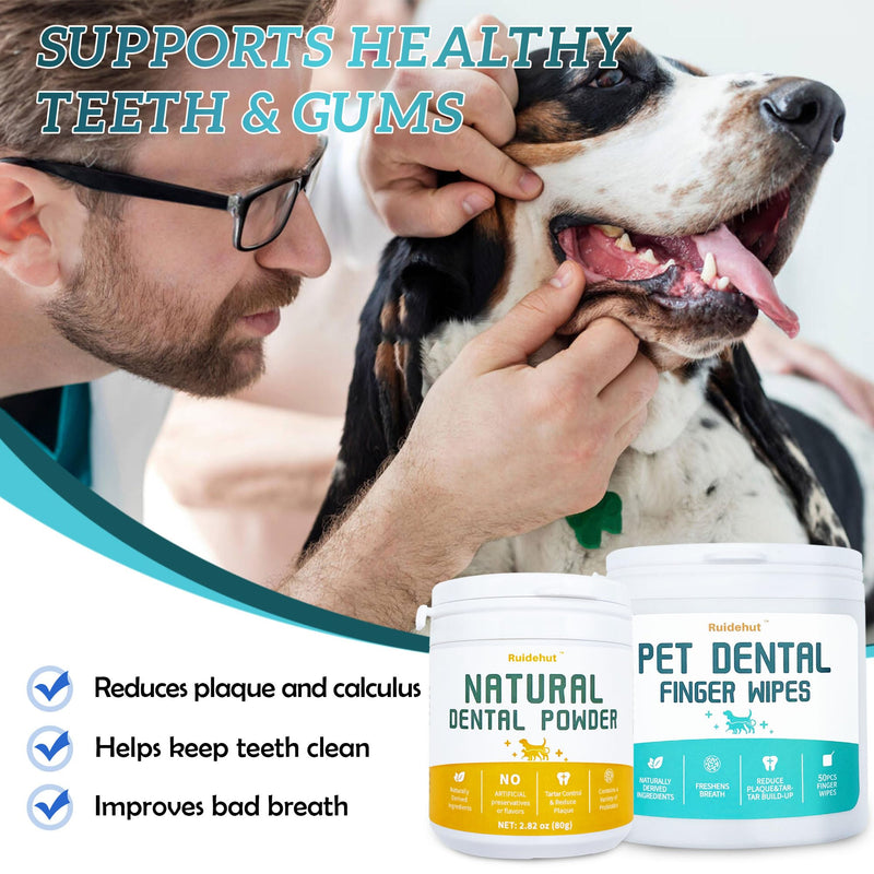 Dog Dental Kit - Teeth Cleaning Powder Contains Probiotics That Solve Bad Breath Through Internal Digestion, Finger Wipes Remove Plaque and Tartar from The Surface (50 Count & 80g) Dental Cleaning Kit
