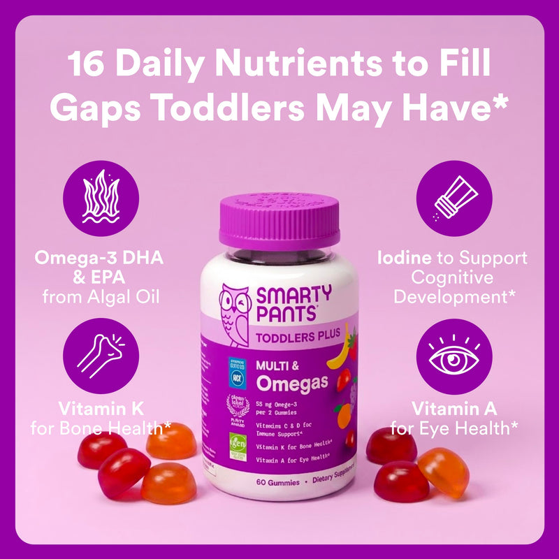 SmartyPants Toddler Multivitamin Gummies, Omega 3 (DHA/EPA), Vitamins D3, C, Vitamin B12, B6, A, K & Zinc, Biotin, Gluten Free, Three Fruit Flavors, 60 Count (30 Day Supply) 60 Count (Pack of 1) Multi + Omega - 30 Day Supply