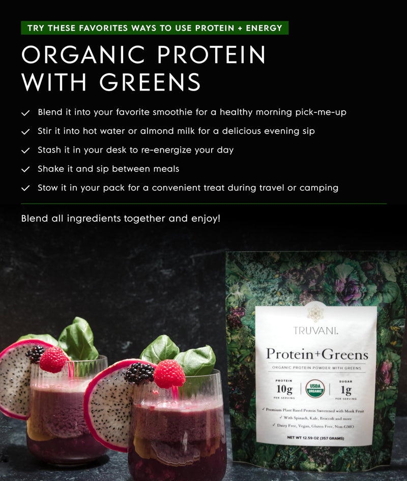 [Australia] - Truvani Protein + Greens Supplement | Spinach, Kale & Broccoli | 10g Organic Plant Based Protein | 20 Servings | USDA Organic | Gluten & Dairy Free | Vegan | No Added Sugar 