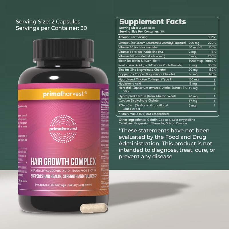 Primal Harvest Hair Growth Complex - Daily Supplement, Gluten & Dairy Free Unflavored 60 Count (Pack of 1)