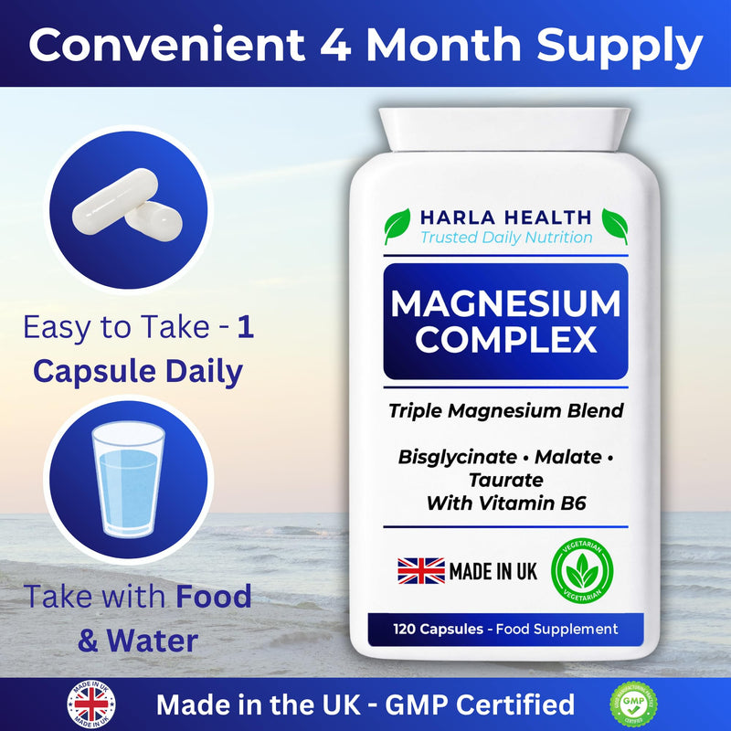 Magnesium Complex – Bisglycinate, Malate & Taurate with Vitamin B6 – 120 Vegan Capsules – High Absorption Magnesium Supplement for Energy, Muscle Function & Sleep Support